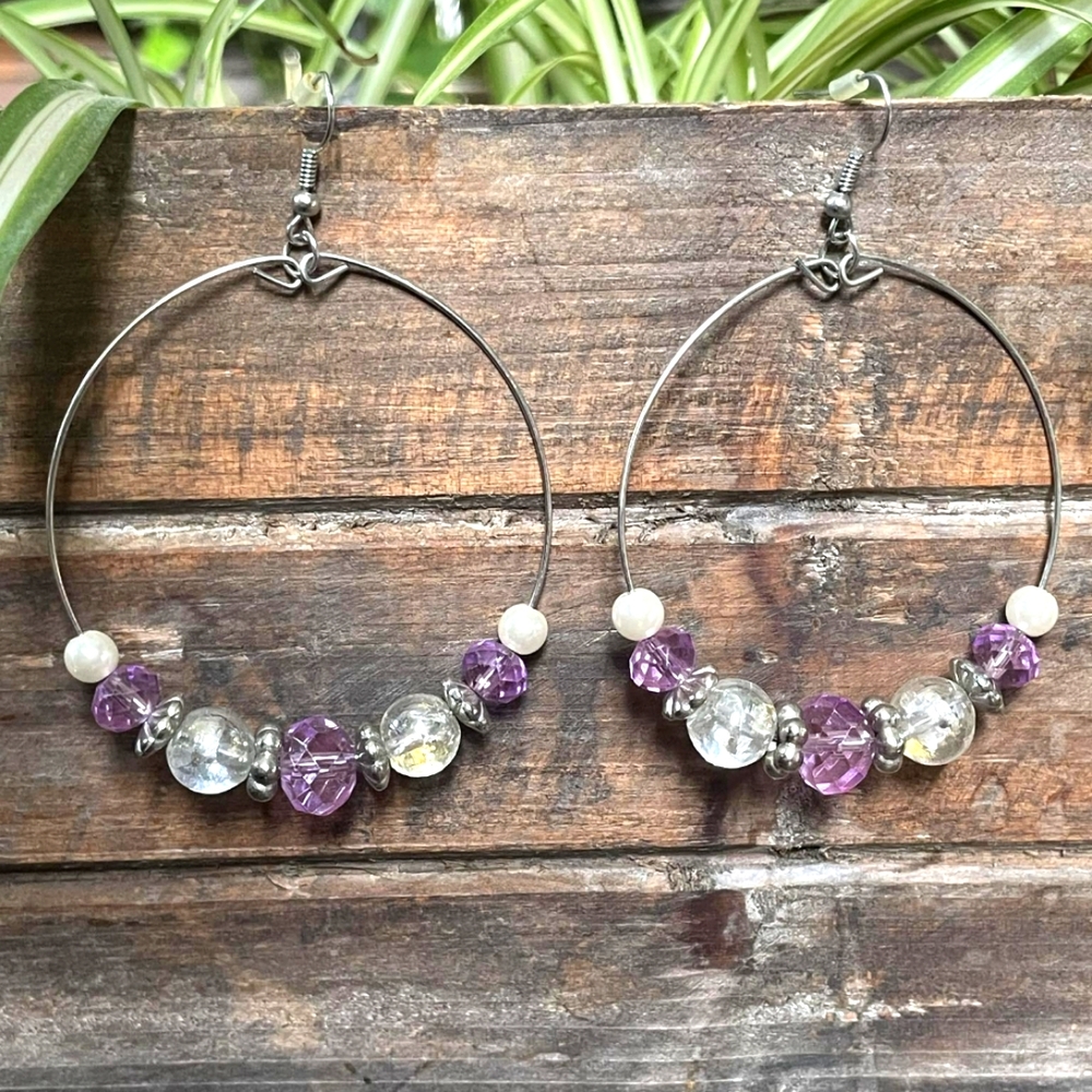 Large Beaded Hoop Earrings 2" Silver Tone Purple Pearly White Beads Boho Gypsy